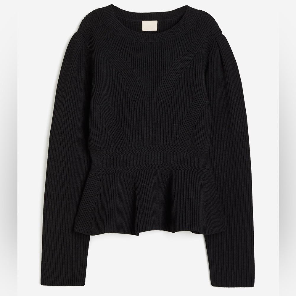 Rib-knit Puff-sleeve Peplum Sweater - Size S